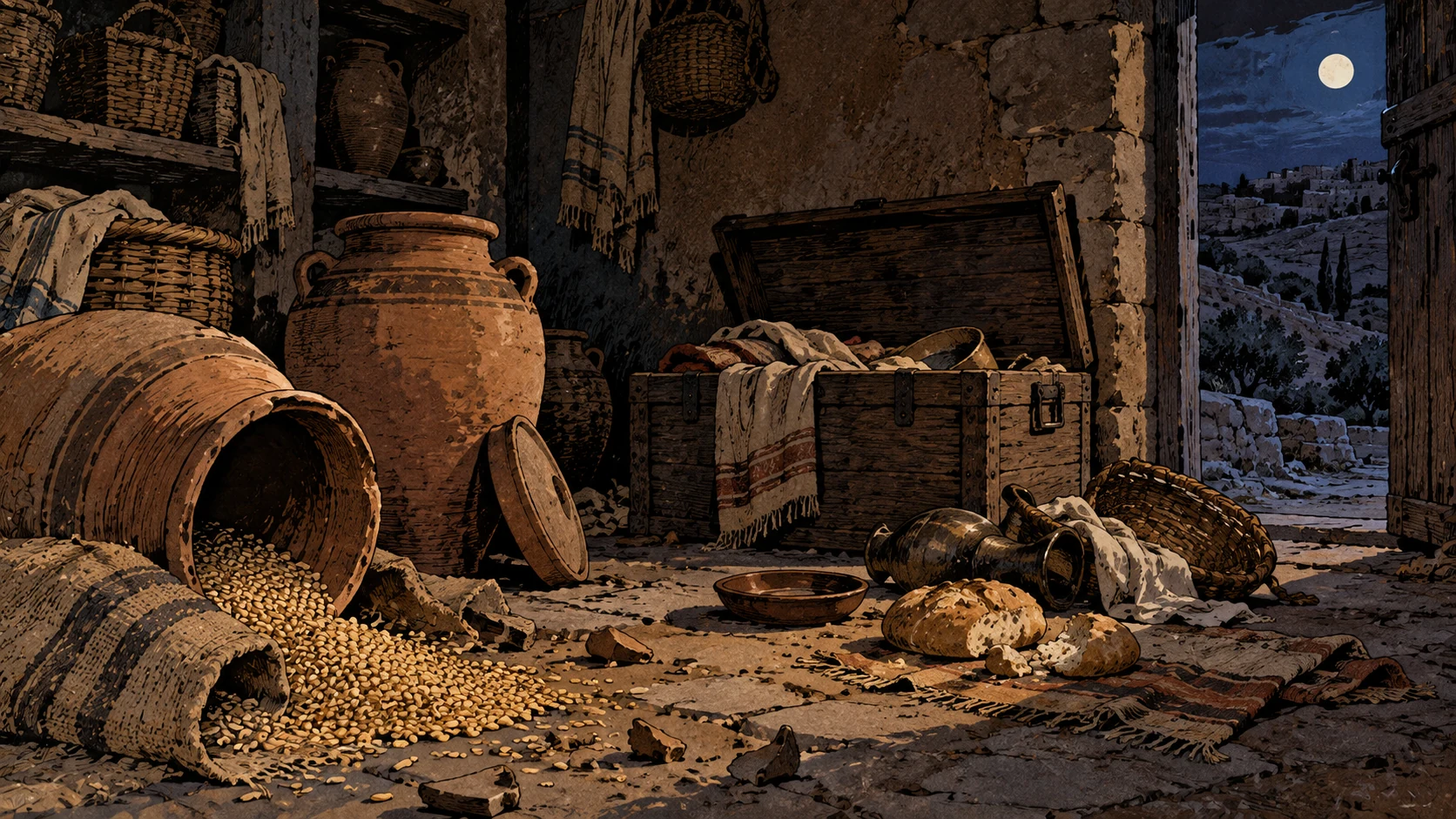 A ransacked moonlit storeroom retains grain, bread, jars and an open chest.