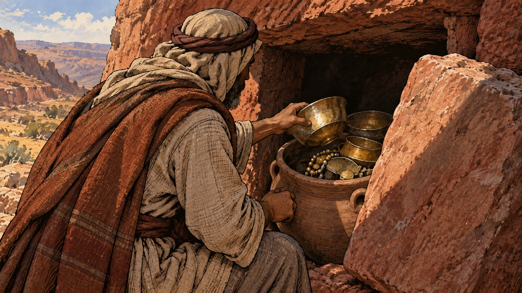 A sleeved man exposes metal vessels and jewelry inside a rock storage recess.