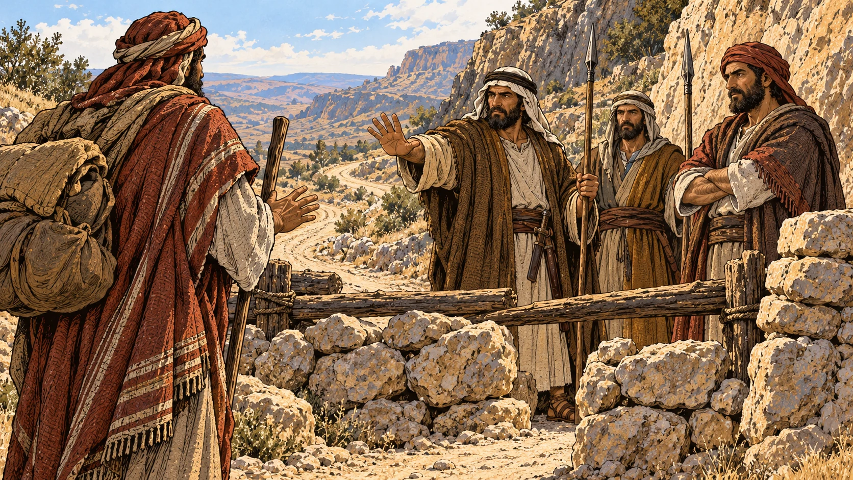 A traveler is turned away by armed former allies at a rocky boundary.