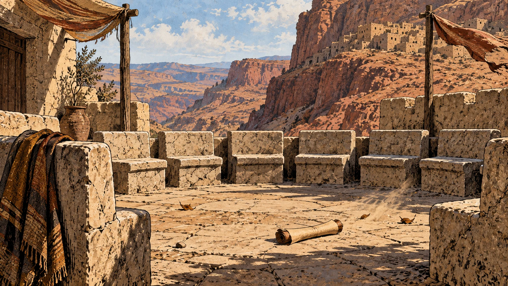 Empty stone council seats surround an unlettered rolled scroll in a dusty courtyard.