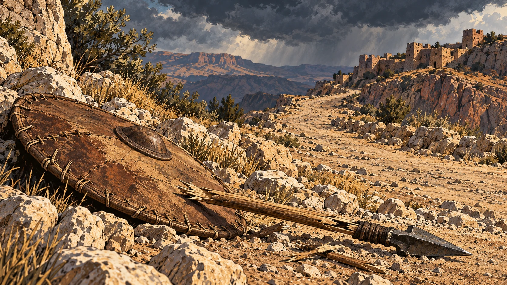 An abandoned hide shield and wooden spear lie beside an empty mountain road.