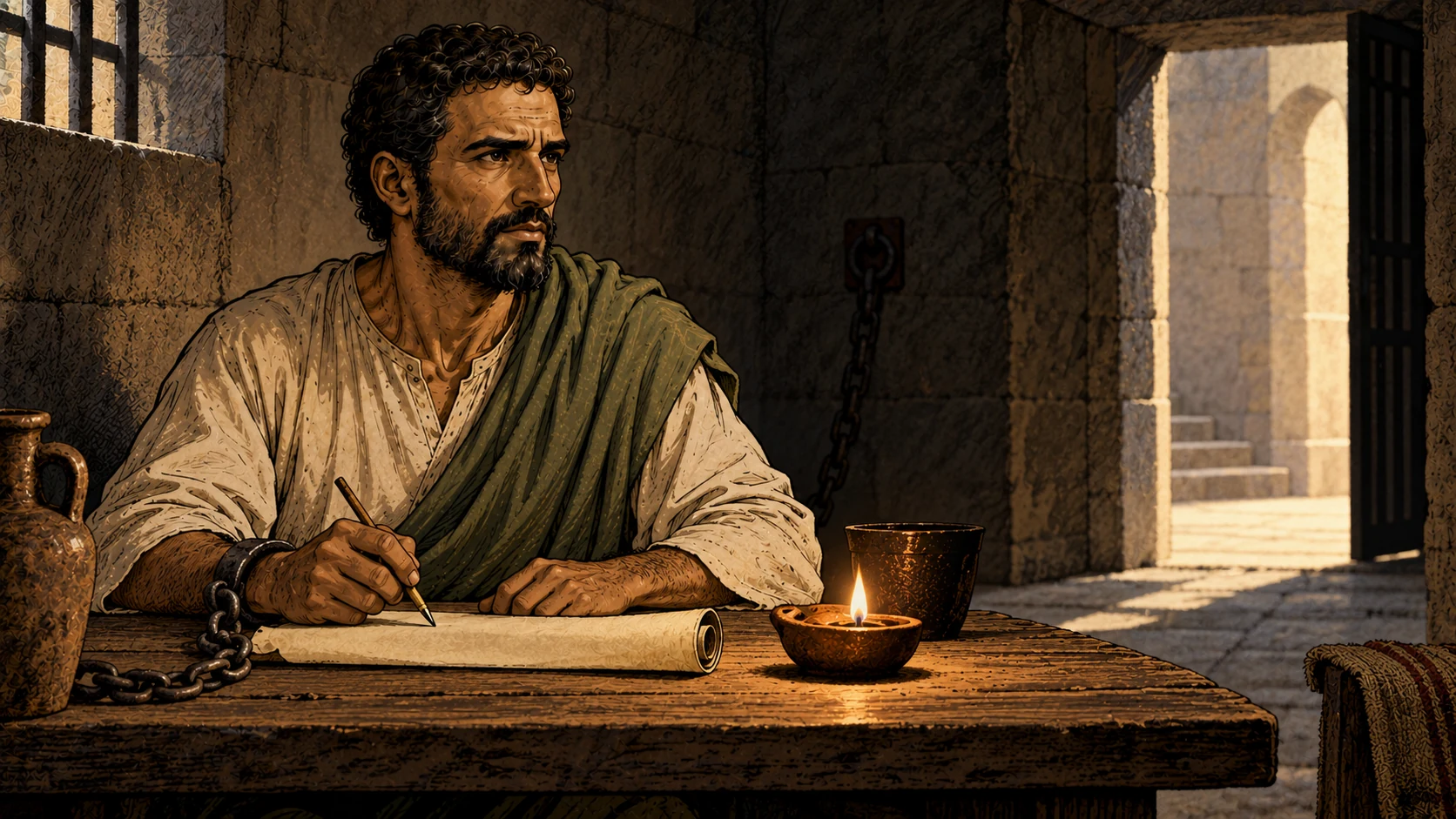 Paul sits at a wooden table with a reed pen above blank papyrus, a wrist chain, clay lamp and empty stone doorway.