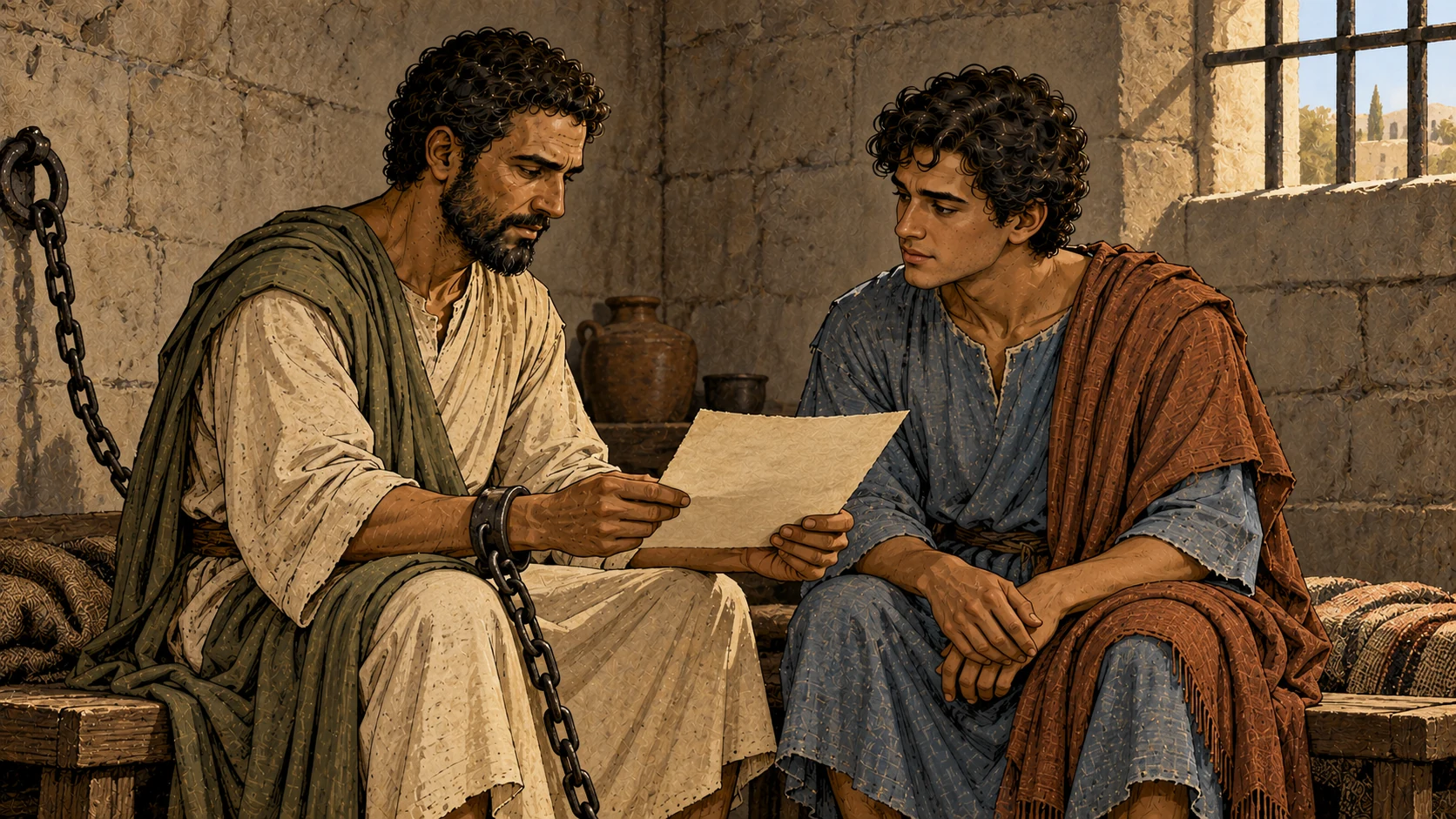 Paul and Onesimus sit at equal height beside a blank letter in a simple room; Paul wears a wrist chain.