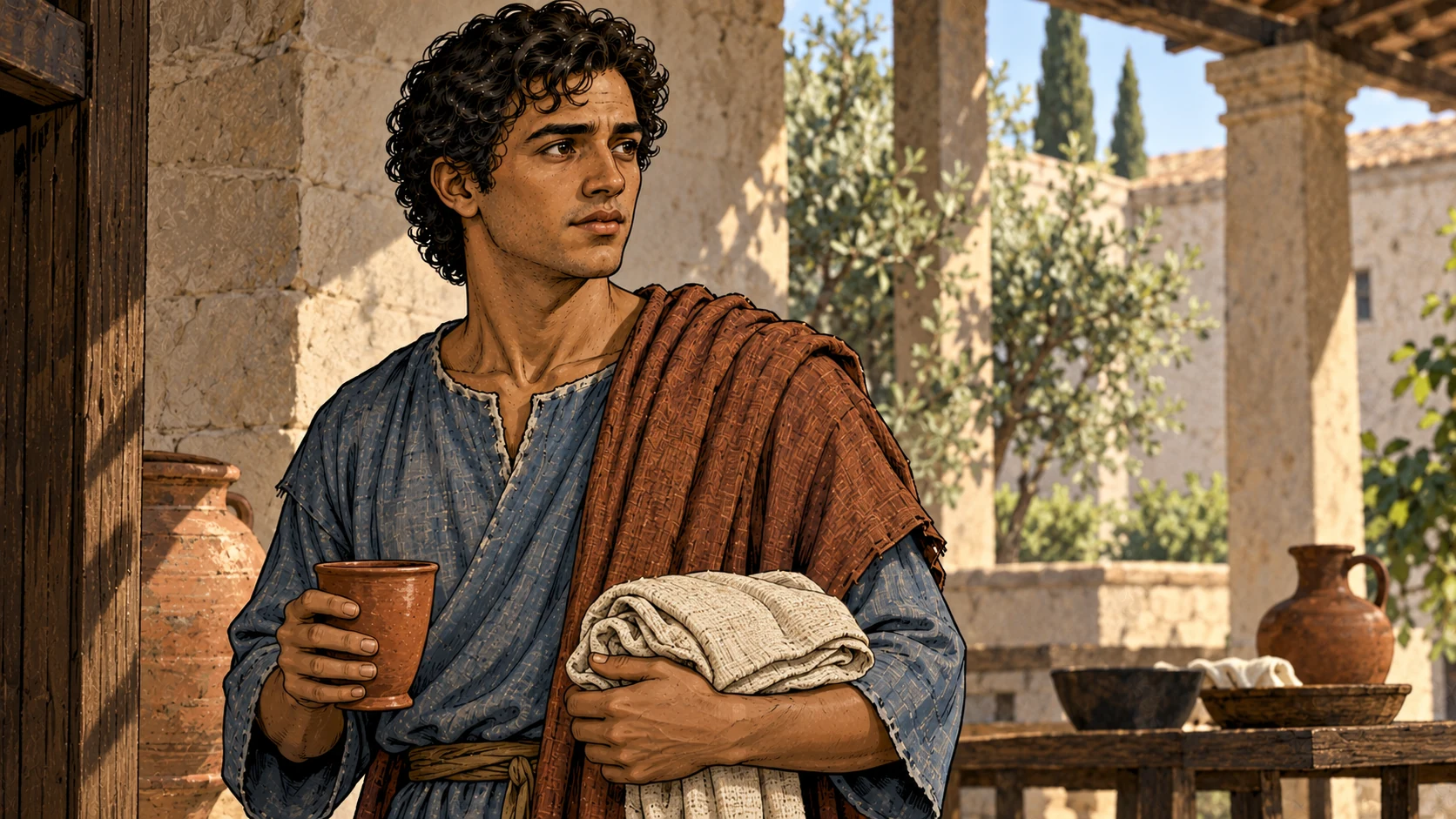 Onesimus holds a clay cup and folded cloth, wearing his slate-blue tunic and rust mantle.