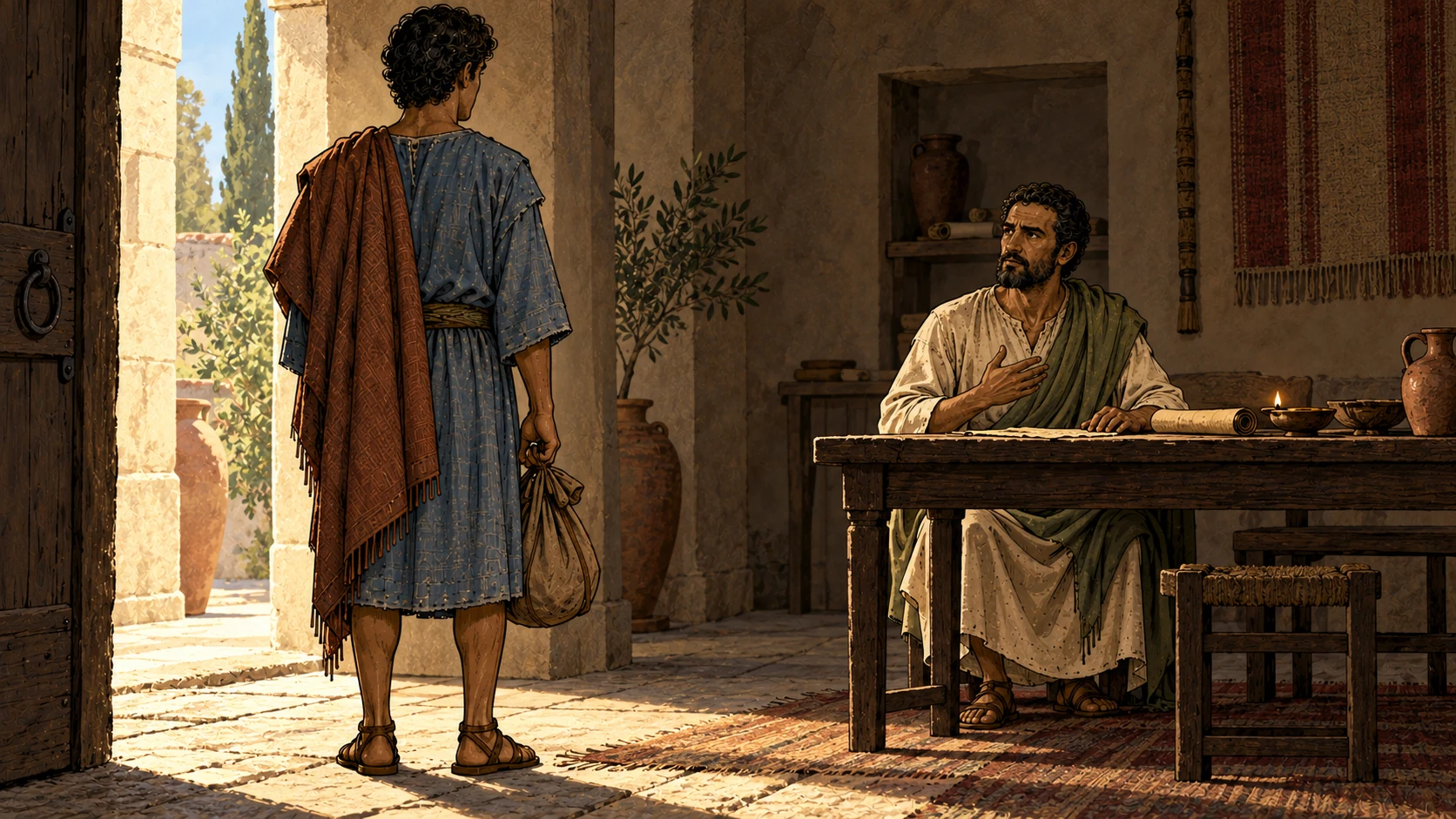 Onesimus stands with a travel bundle near a threshold while Paul sits farther inside with a hand over his chest.