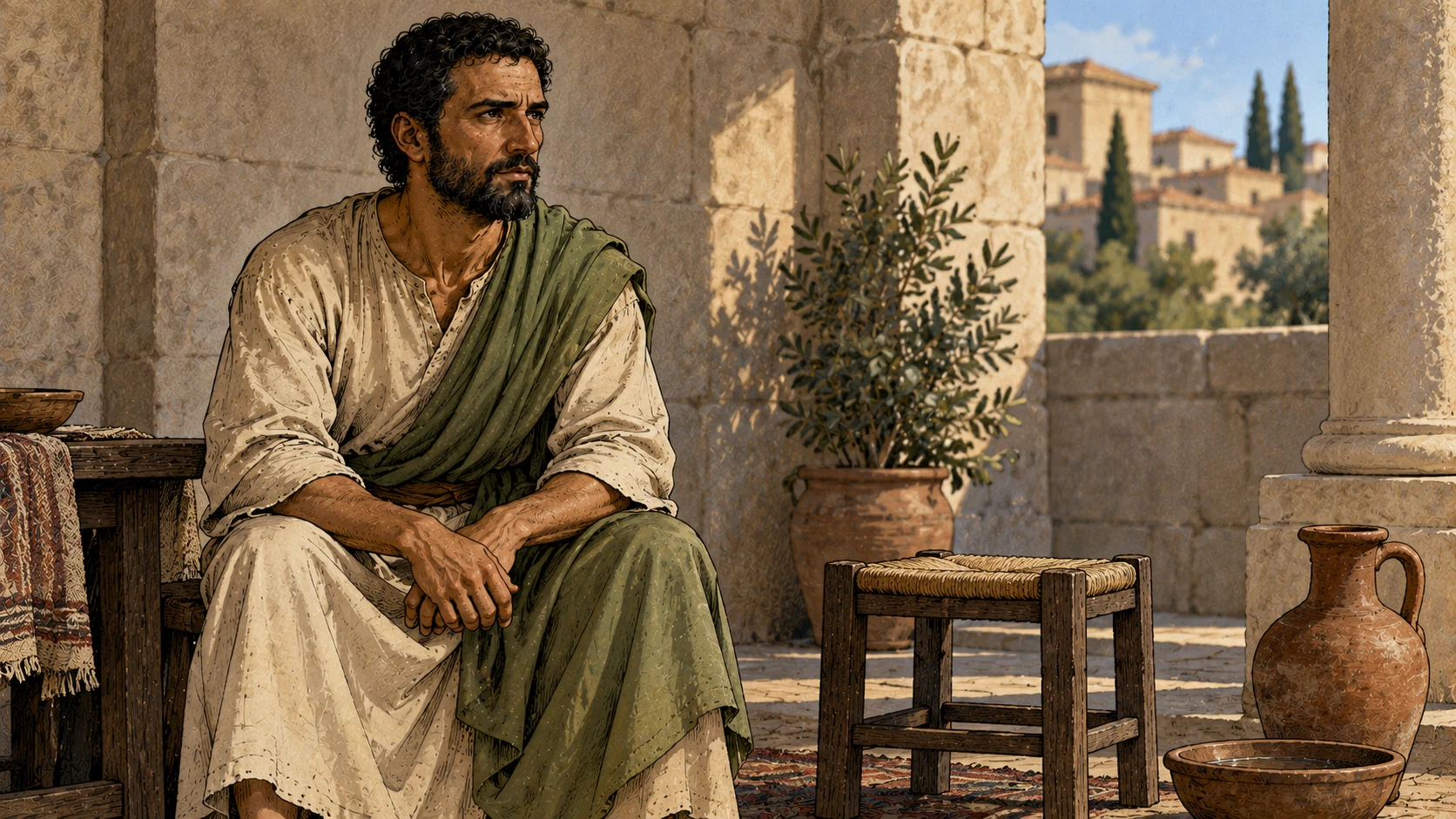 Paul sits beside an empty stool and a clay jug in a modest stone room.