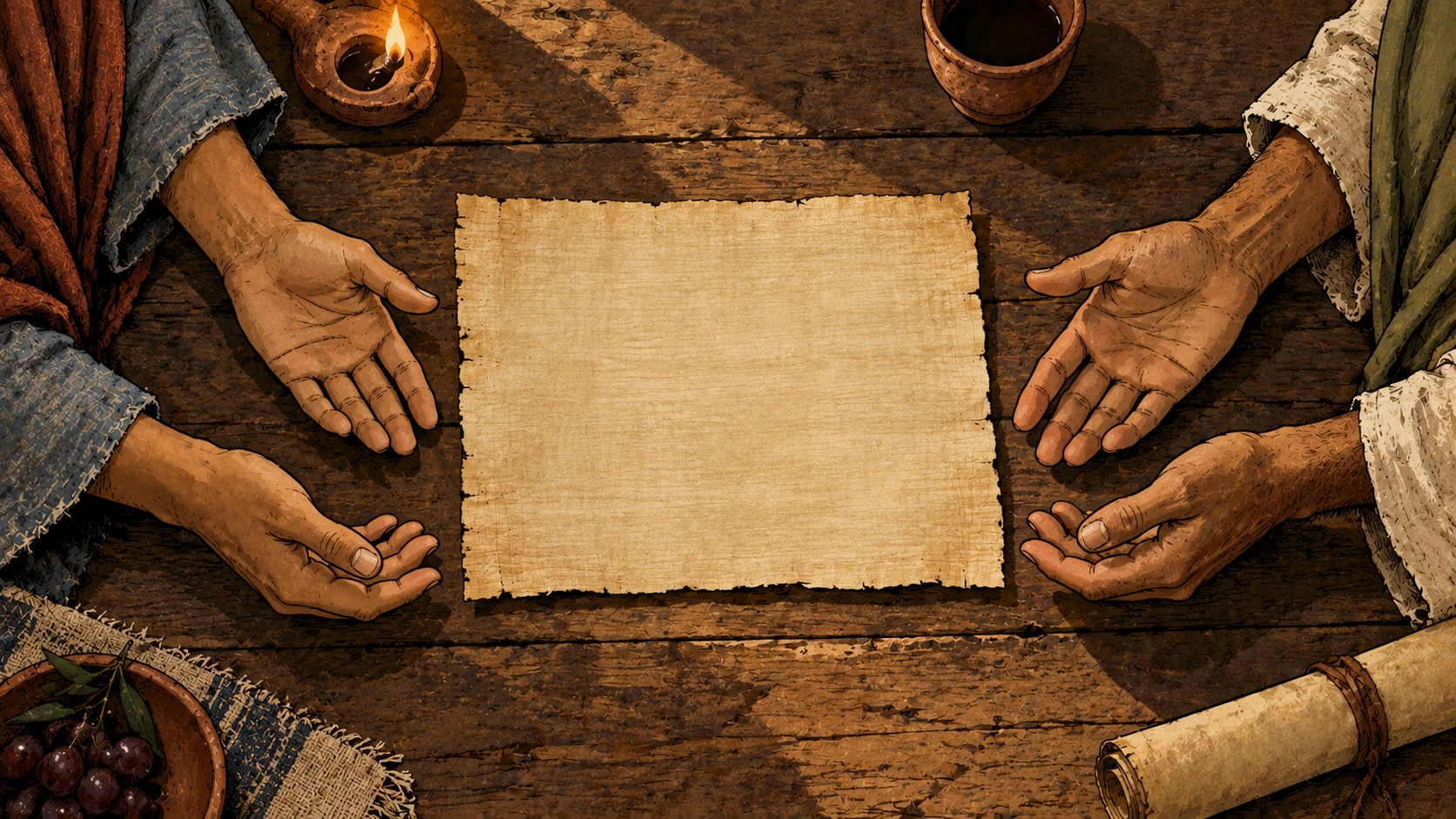 Open hands rest apart around a blank papyrus on a wooden table.
