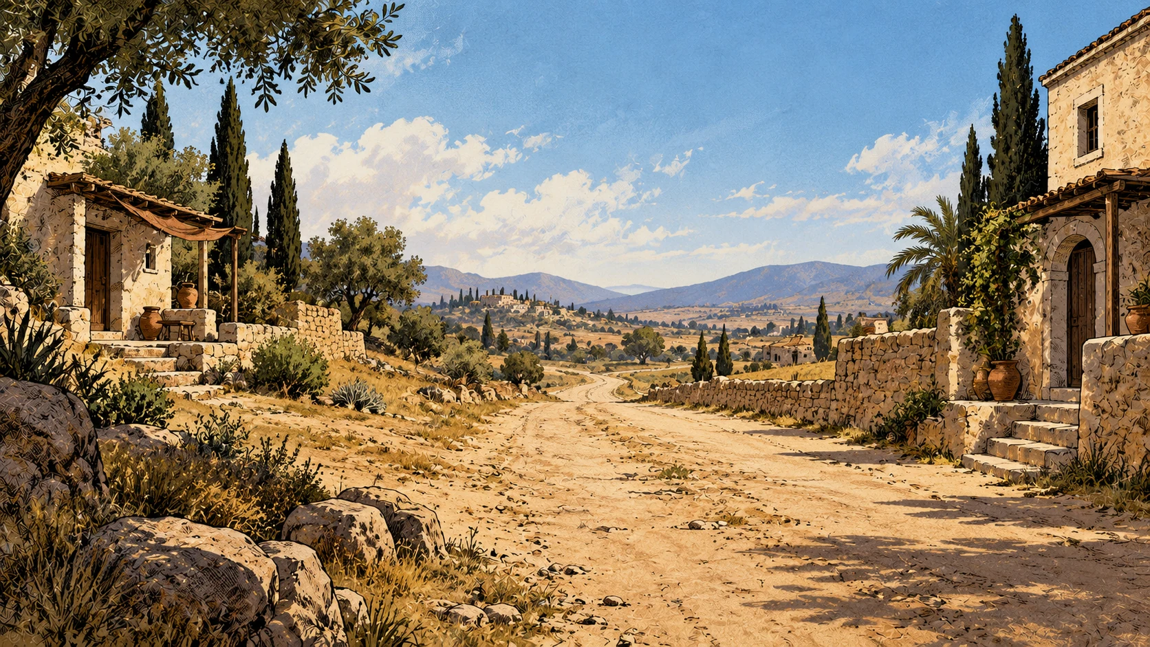 An empty dusty road stretches between stone dwellings beneath an open blue sky.