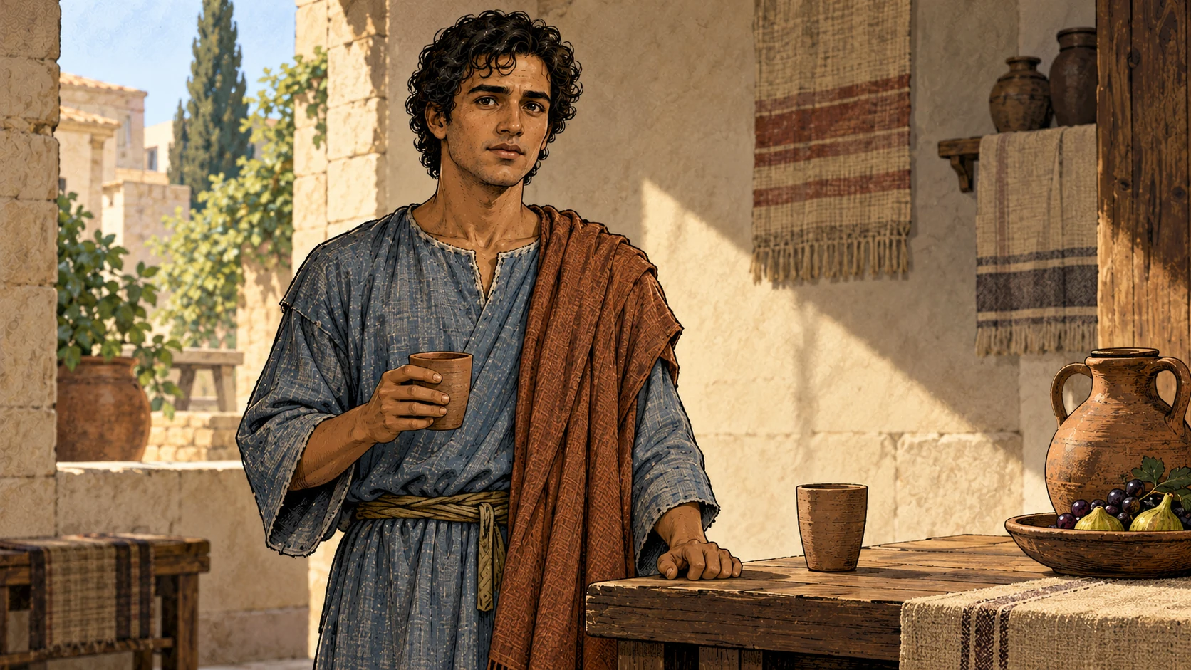Onesimus stands at eye level with one clay cup in hand and another nearby on a table.
