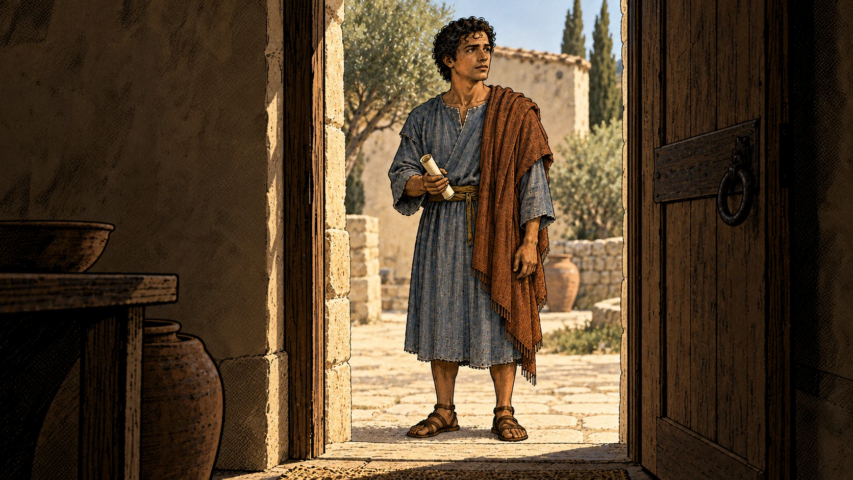 Onesimus holds a rolled letter beyond an unoccupied doorway viewed from its empty interior.