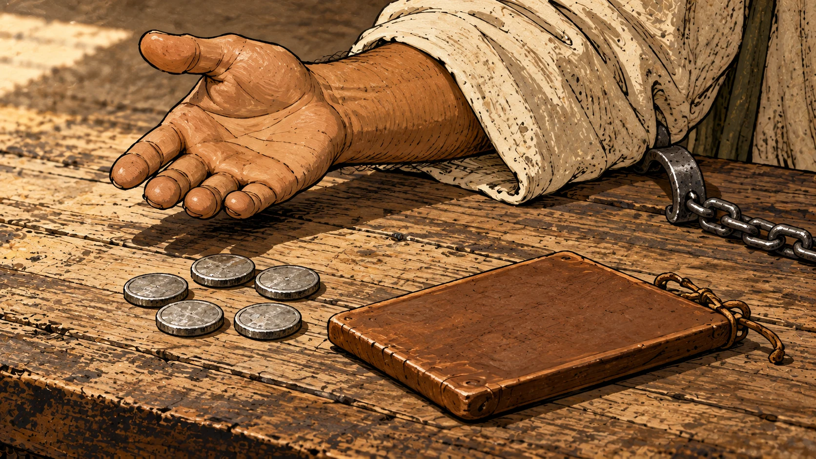 Paul’s open hand, a loose wrist chain, plain coins and an unmarked tablet fill a tabletop close-up.