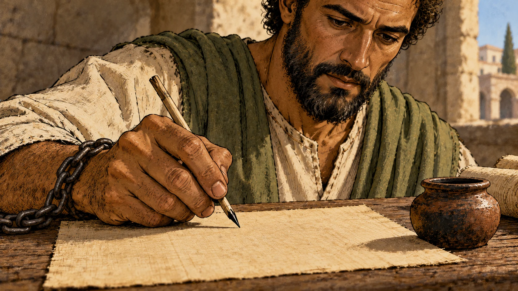 Paul holds a reed pen above blank papyrus beside a clay ink pot.