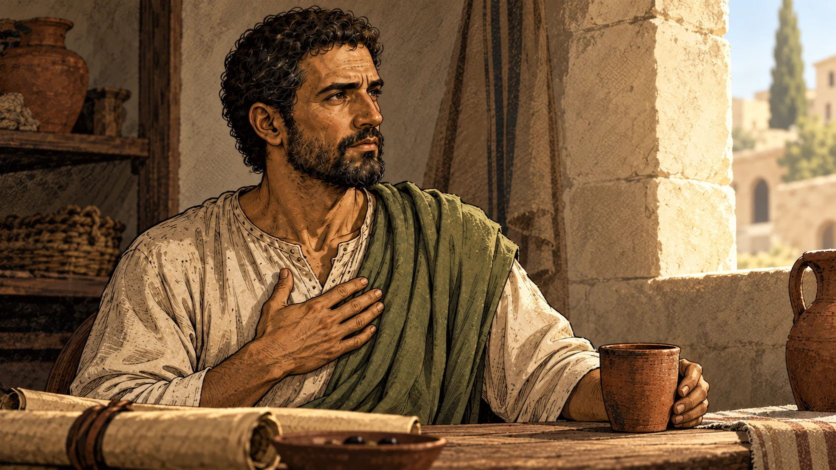 Paul rests a hand over his chest and holds a clay cup while looking toward daylight.