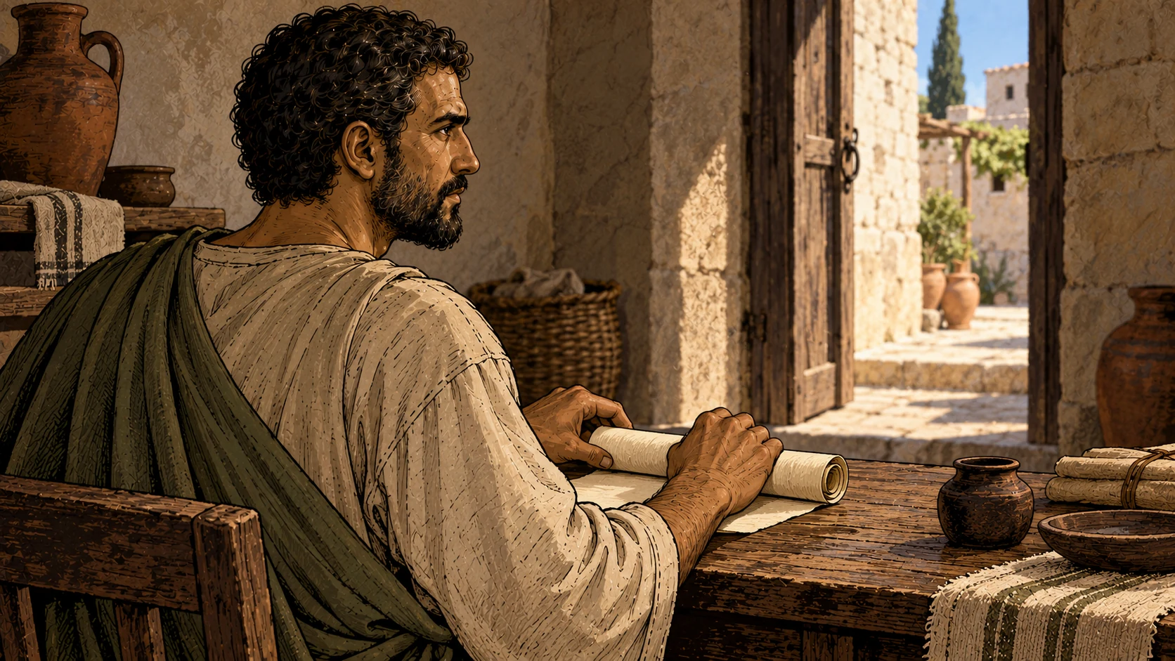 Seen from behind, Paul rolls a blank letter while looking toward an empty doorway.