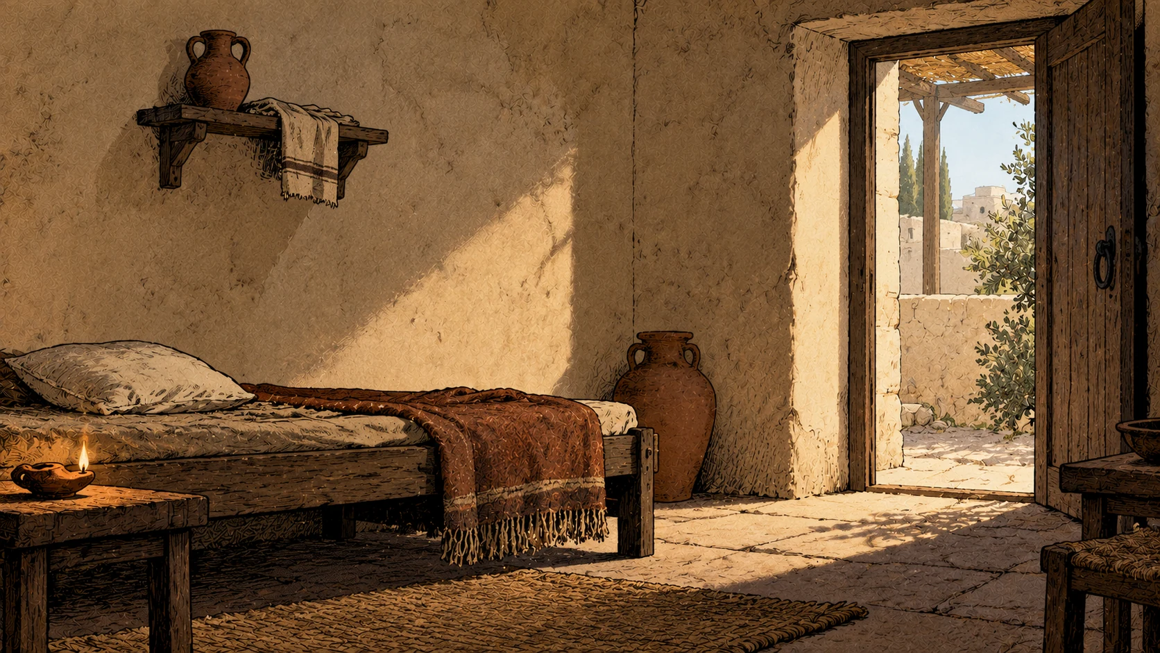 An empty modest guest room contains a low cot, wool blanket, clay lamp and open doorway.