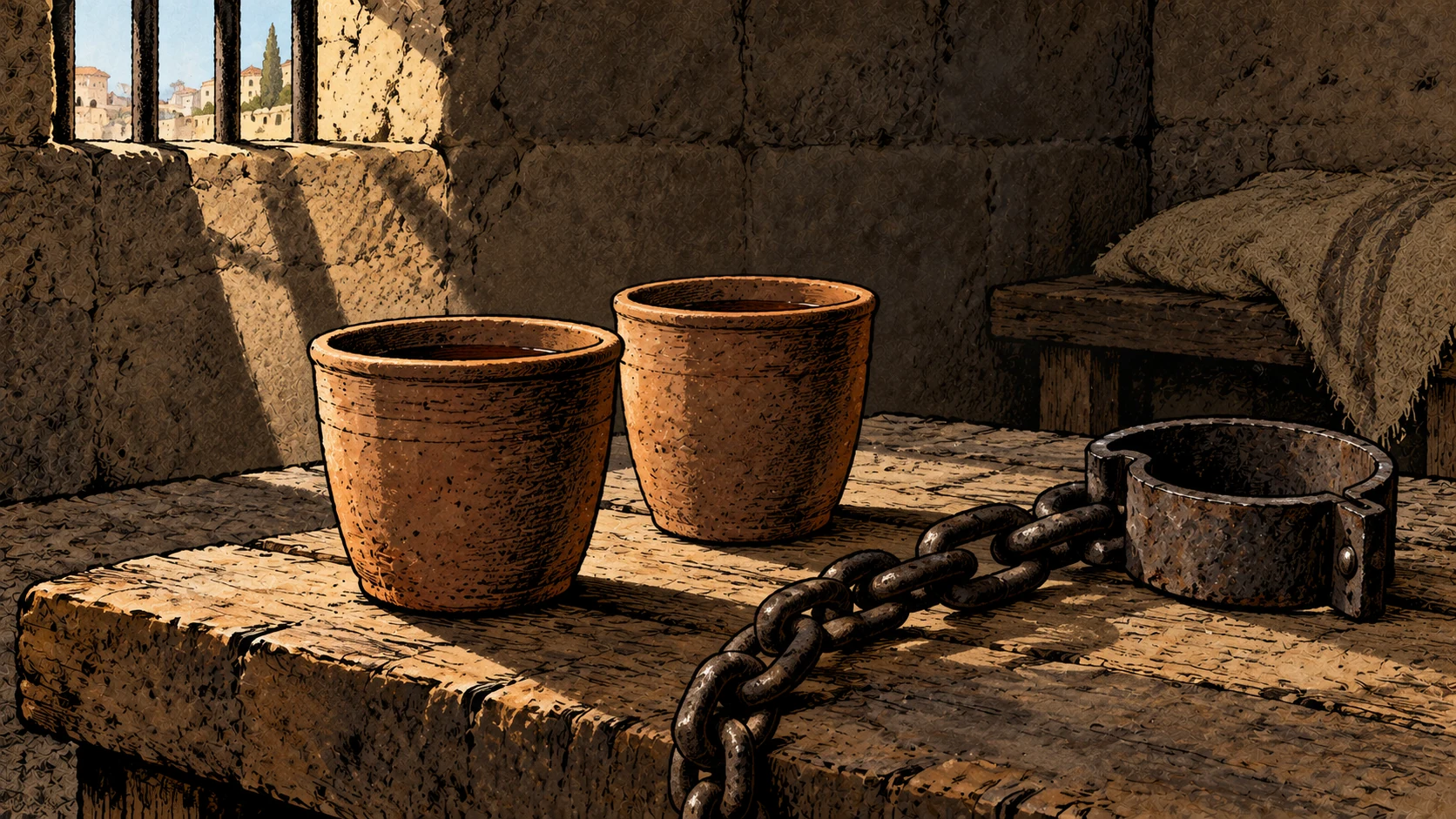 Two clay cups stand beside a chain and empty cuff in a modest confinement room.
