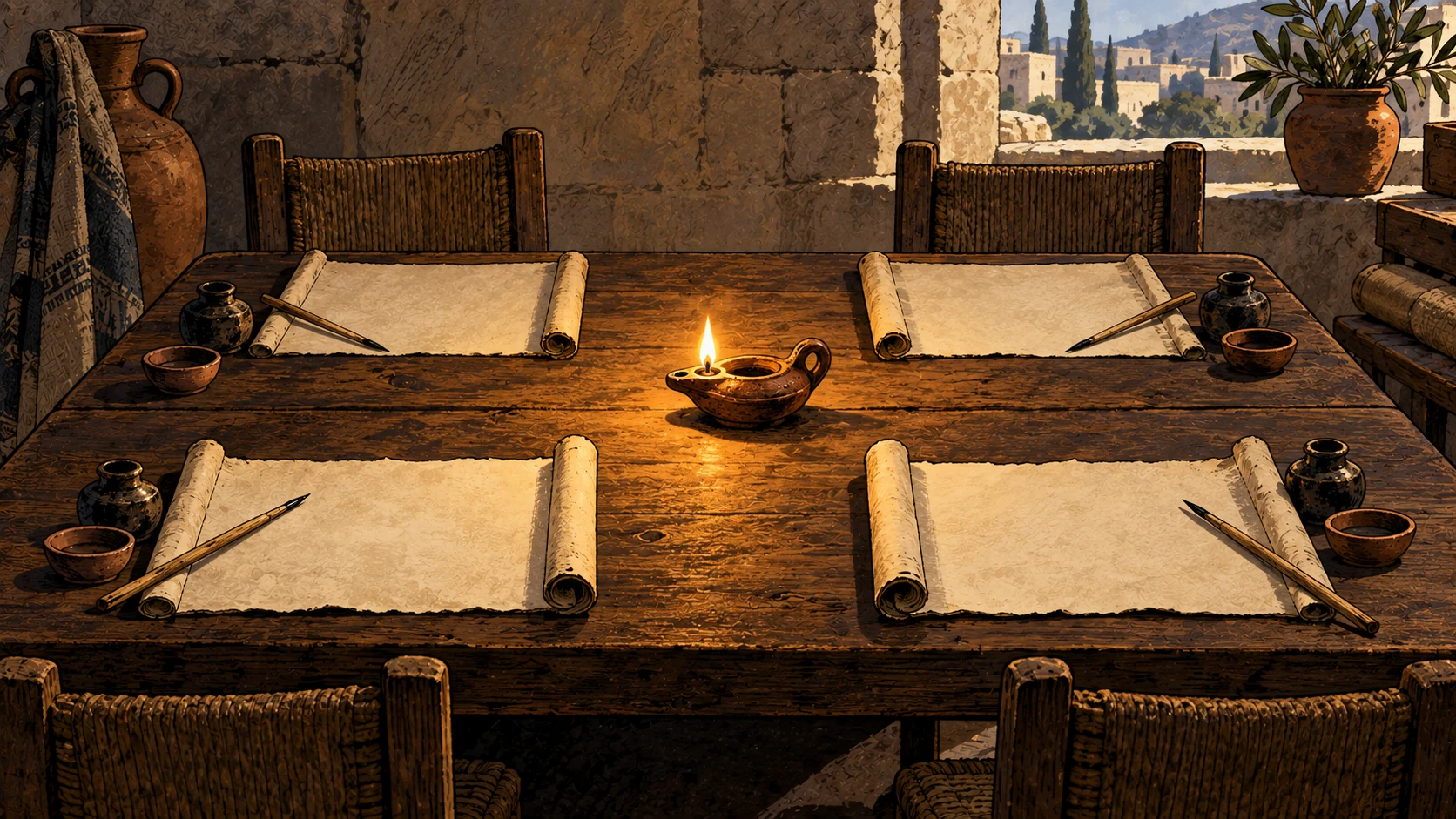 Four blank papyri and reed pens lie at equal places around a table with a central lamp.