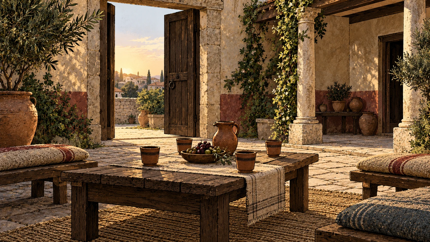 A quiet courtyard has an open doorway and clay cups around a low common table at dawn.