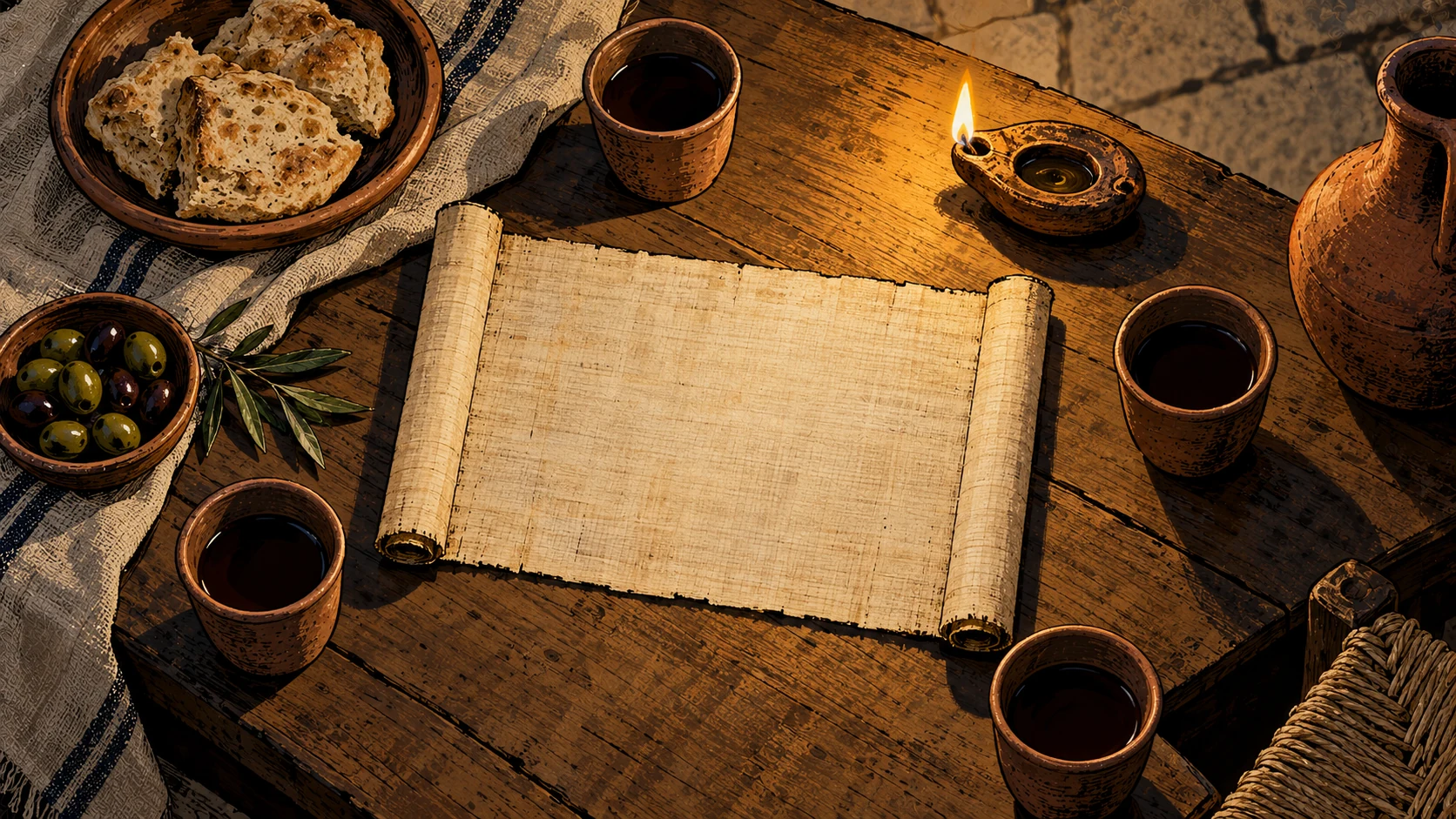 Blank papyrus lies among clay cups, an oil lamp, bread and olives on a wooden table.