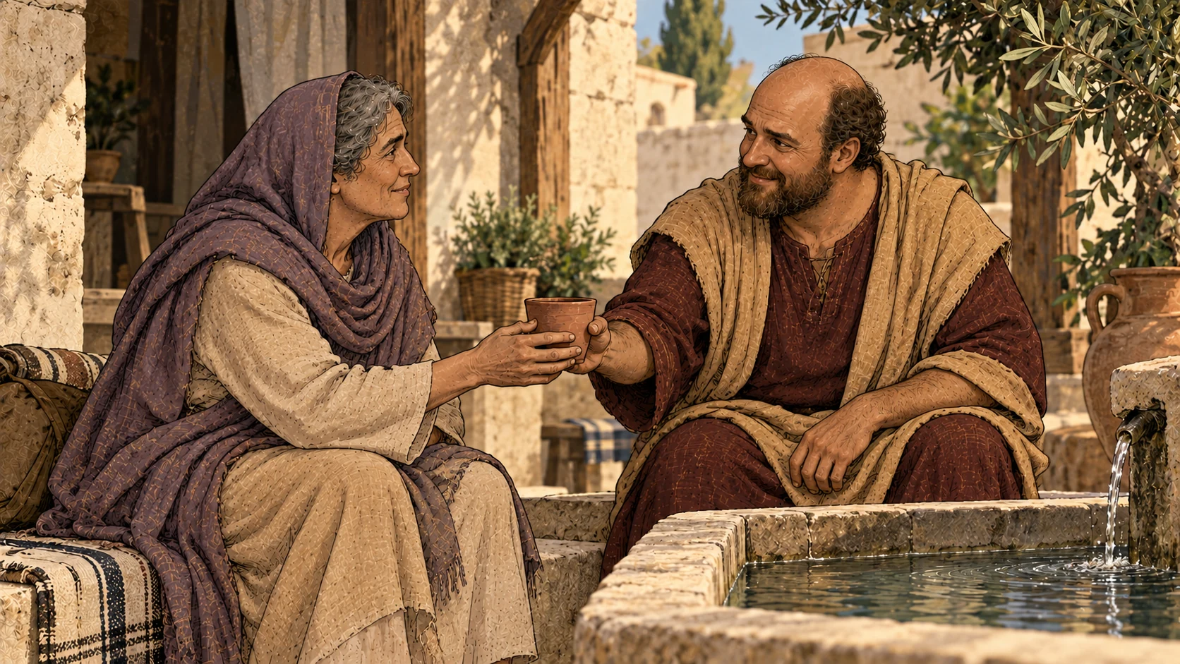 An older woman in a violet shawl and a balding man in maroon share a clay cup beside a courtyard basin.