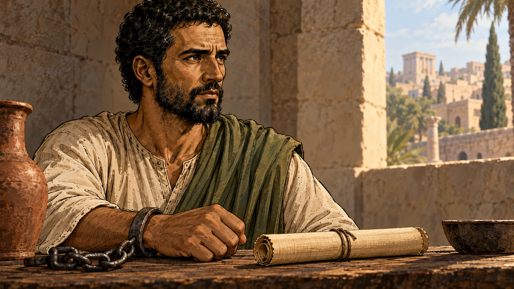 Paul rests a closed hand beside a rolled blank letter, with a wrist chain on the table.