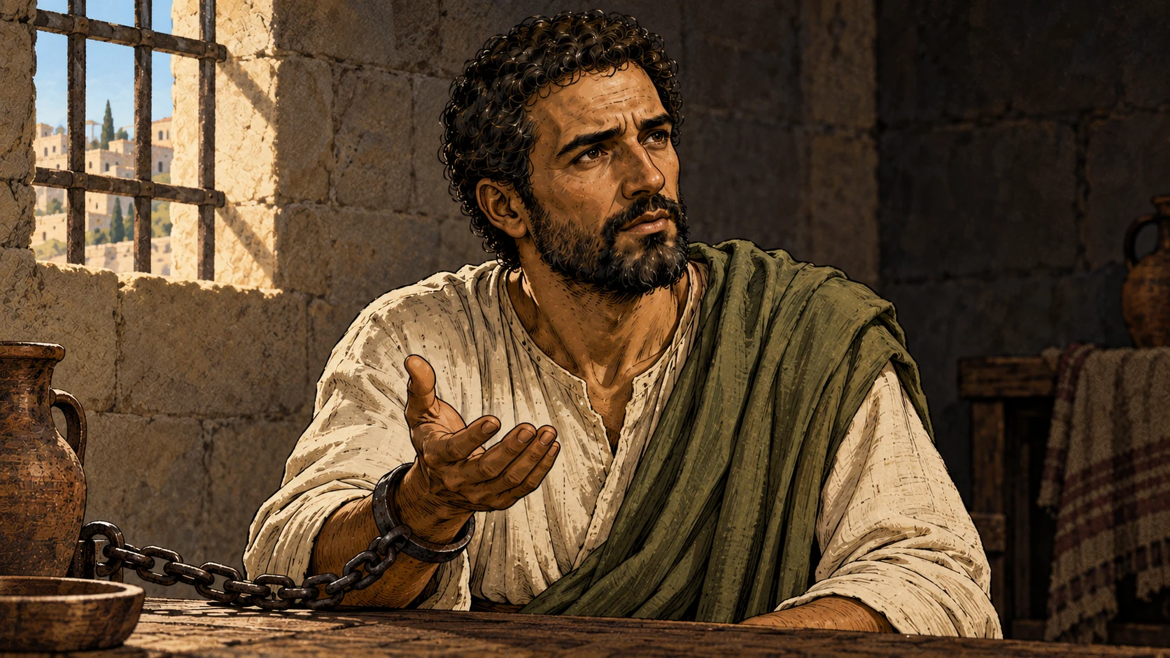 Paul raises an open palm in a modest confinement room, with a chain at his wrist.