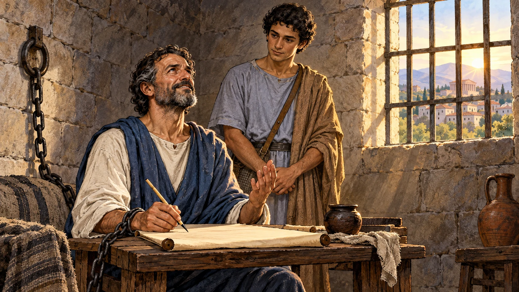 Paul and Timothy reflect in a sunlit prison room beside a blank letter.