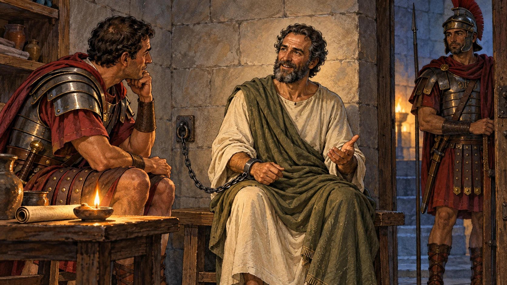 Paul speaks calmly with Roman guards while chained in a stone room.