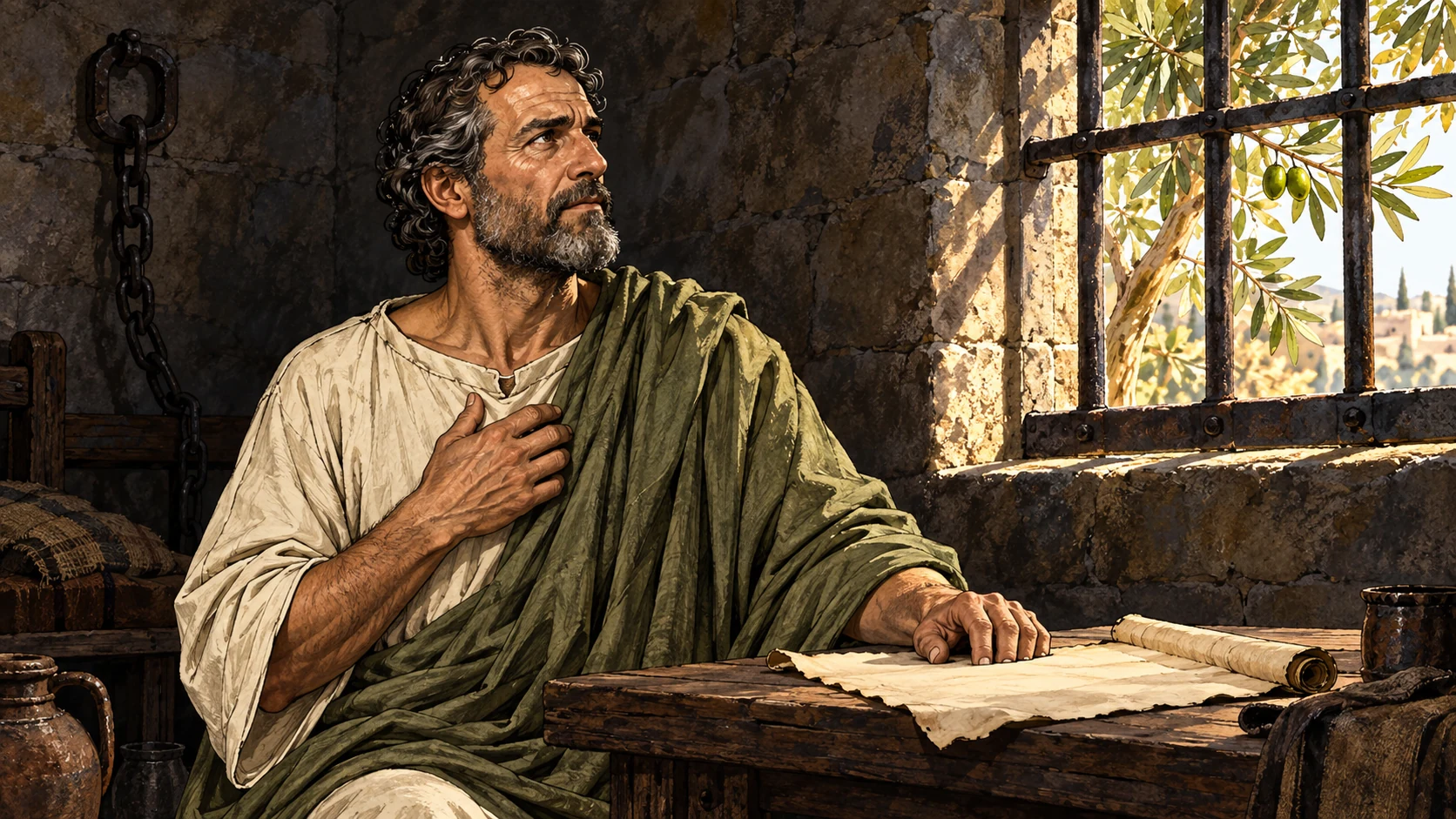 Paul looks through prison bars toward a living olive branch in sunlight.