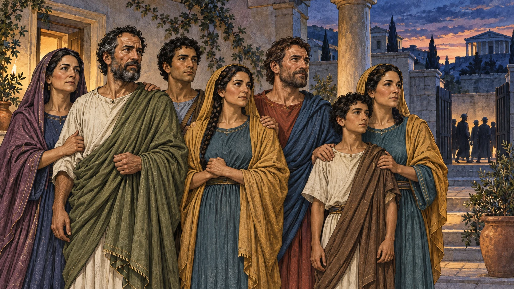 A united Philippian household stands together at dusk as strangers pass outside.