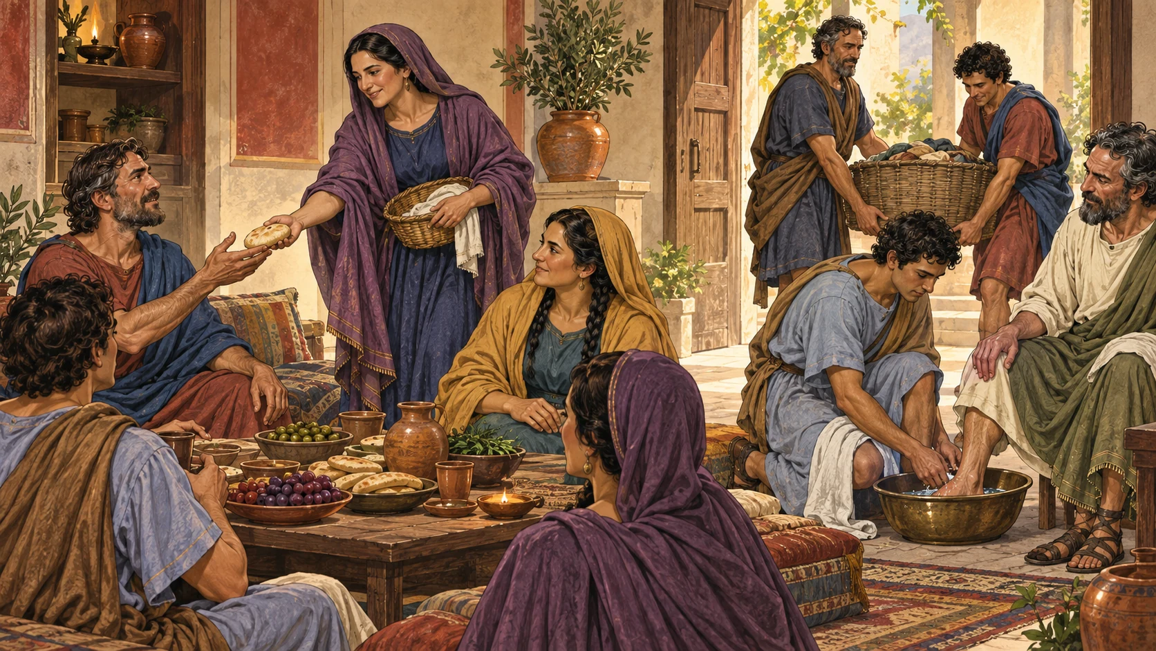 A household shares food, washes feet, and carries a basket together.