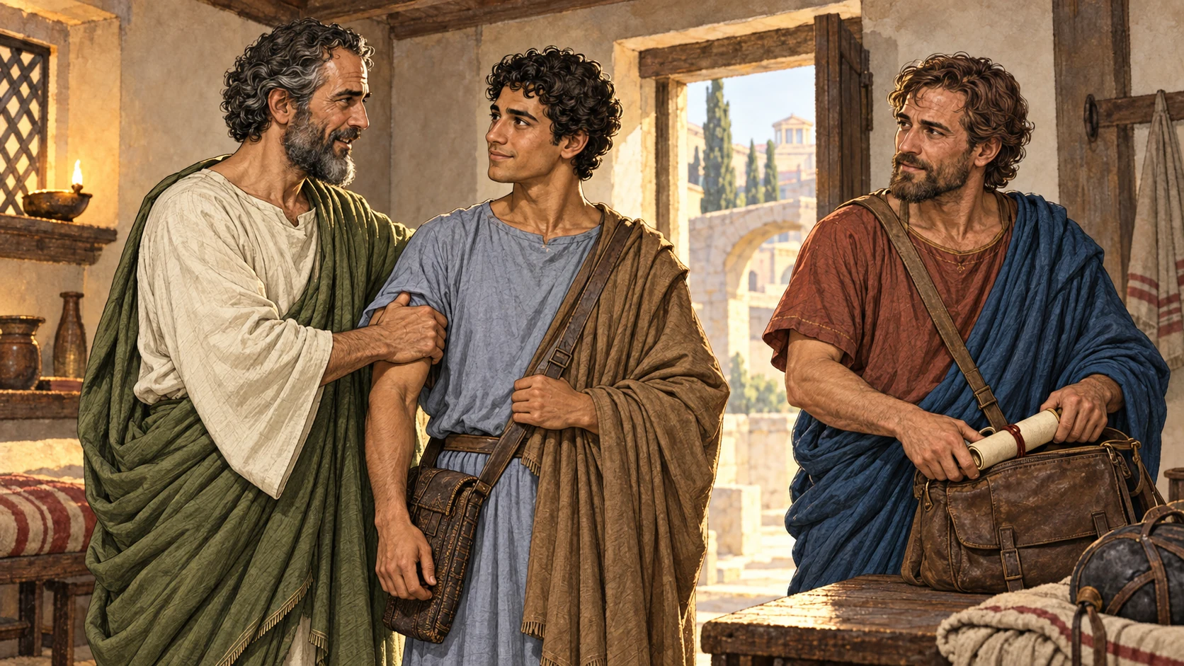 Paul bids farewell to Timothy while Epaphroditus prepares a travel bag.