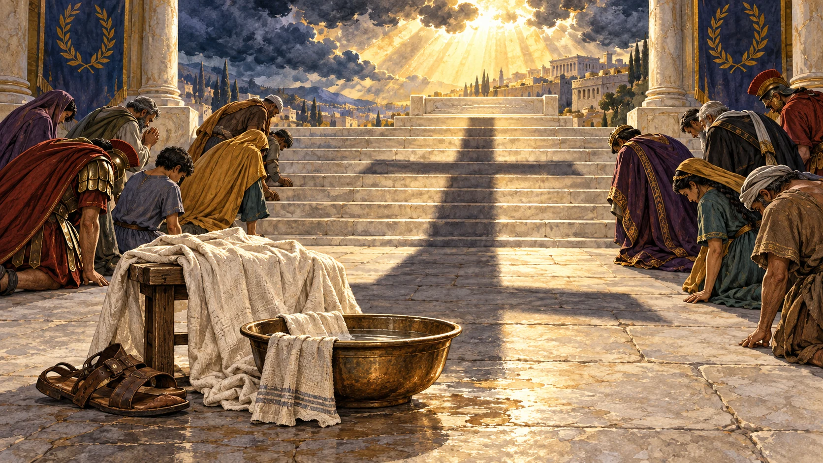 Servant linens and a basin rest beneath a cross-shaped shadow as people bow.