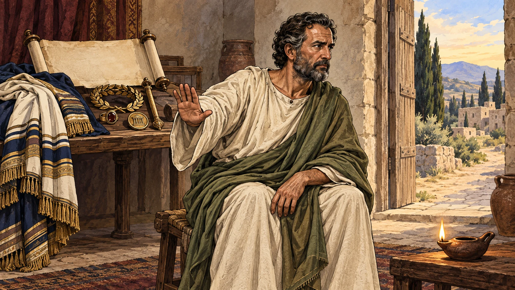 Paul turns away from folded honors and status tokens toward an open doorway.