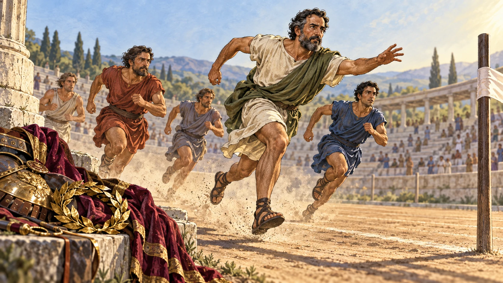 Runners surge toward a finish post as discarded honors remain behind.