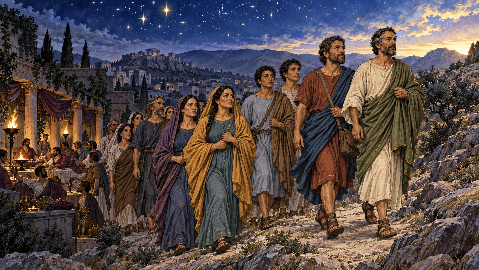 A community walks uphill beneath stars while a lavish banquet recedes below.