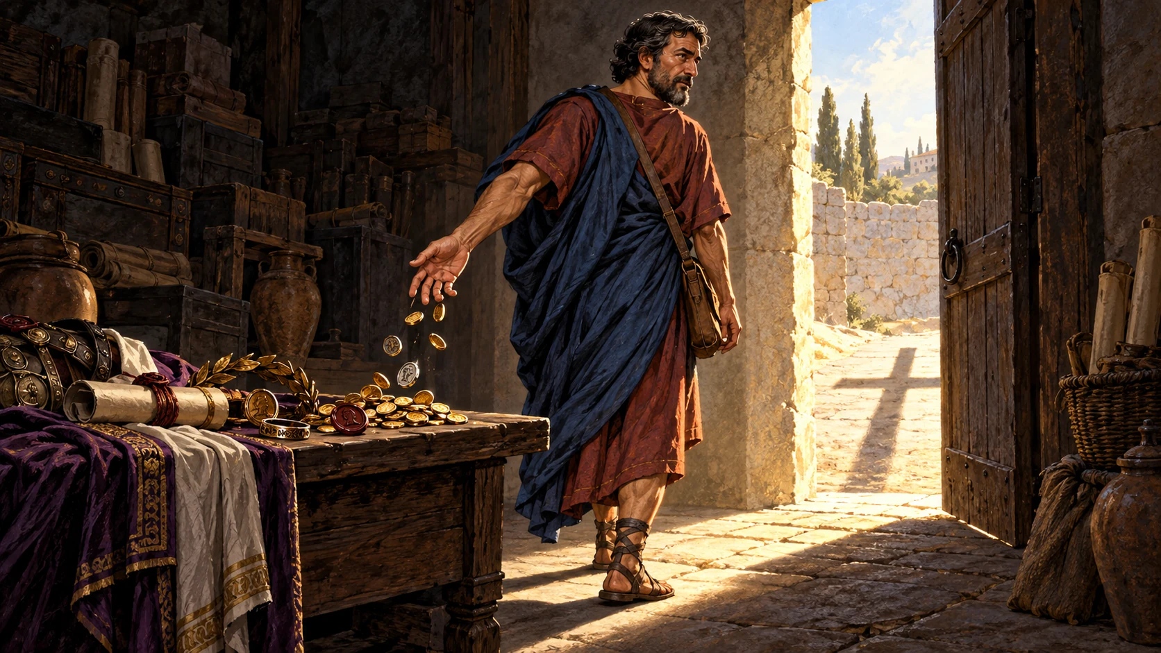 A traveler releases coins and honors while stepping toward a bright doorway.