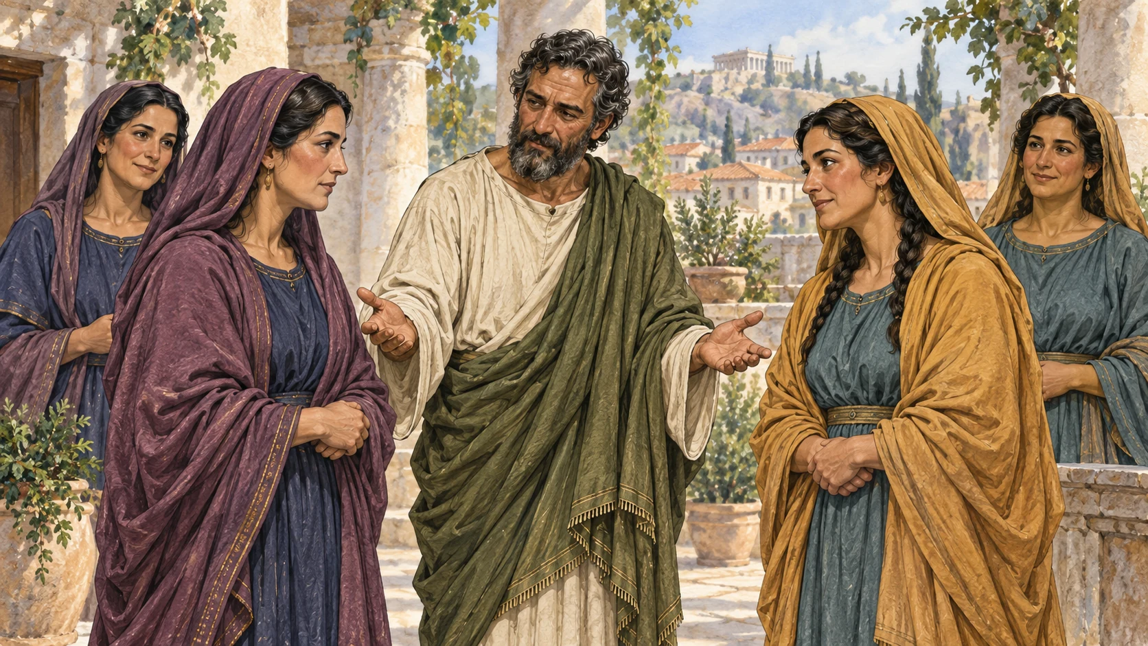 Two women face one another while a mature coworker opens his hands between them.