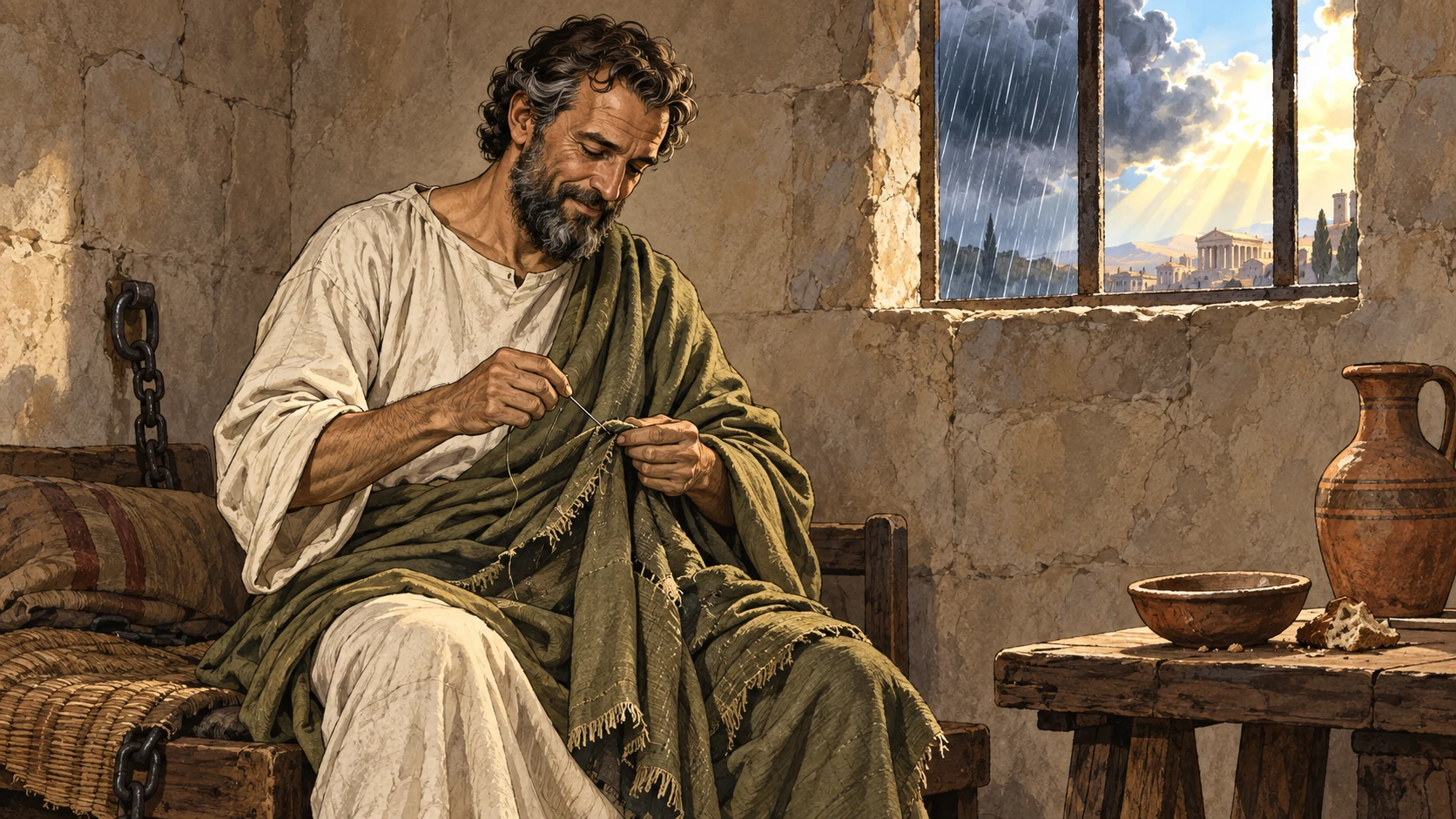Paul calmly mends his worn cloak beside a sparse meal and changing weather.