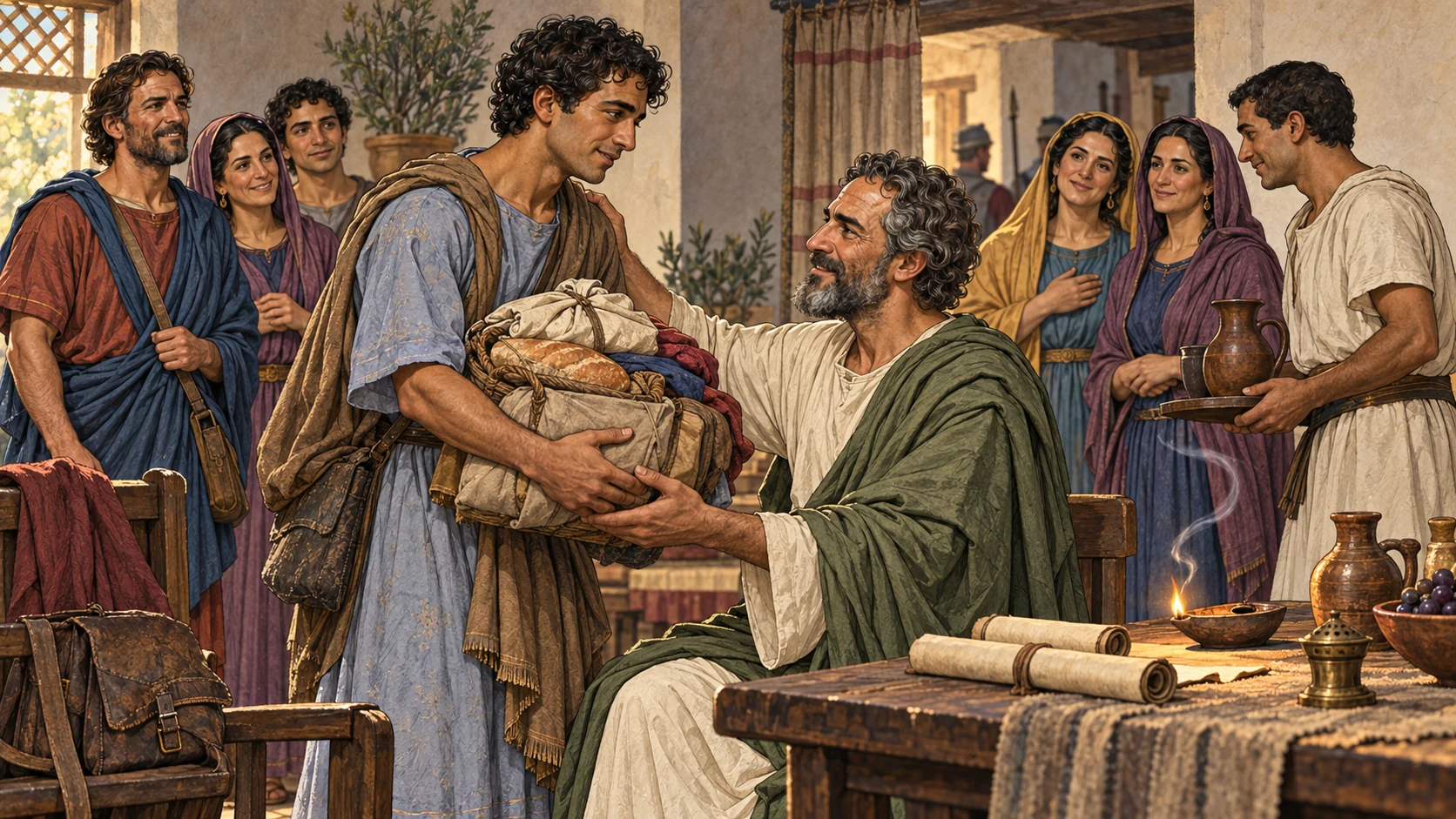 A traveler brings food and cloth to Paul as believers greet one another.