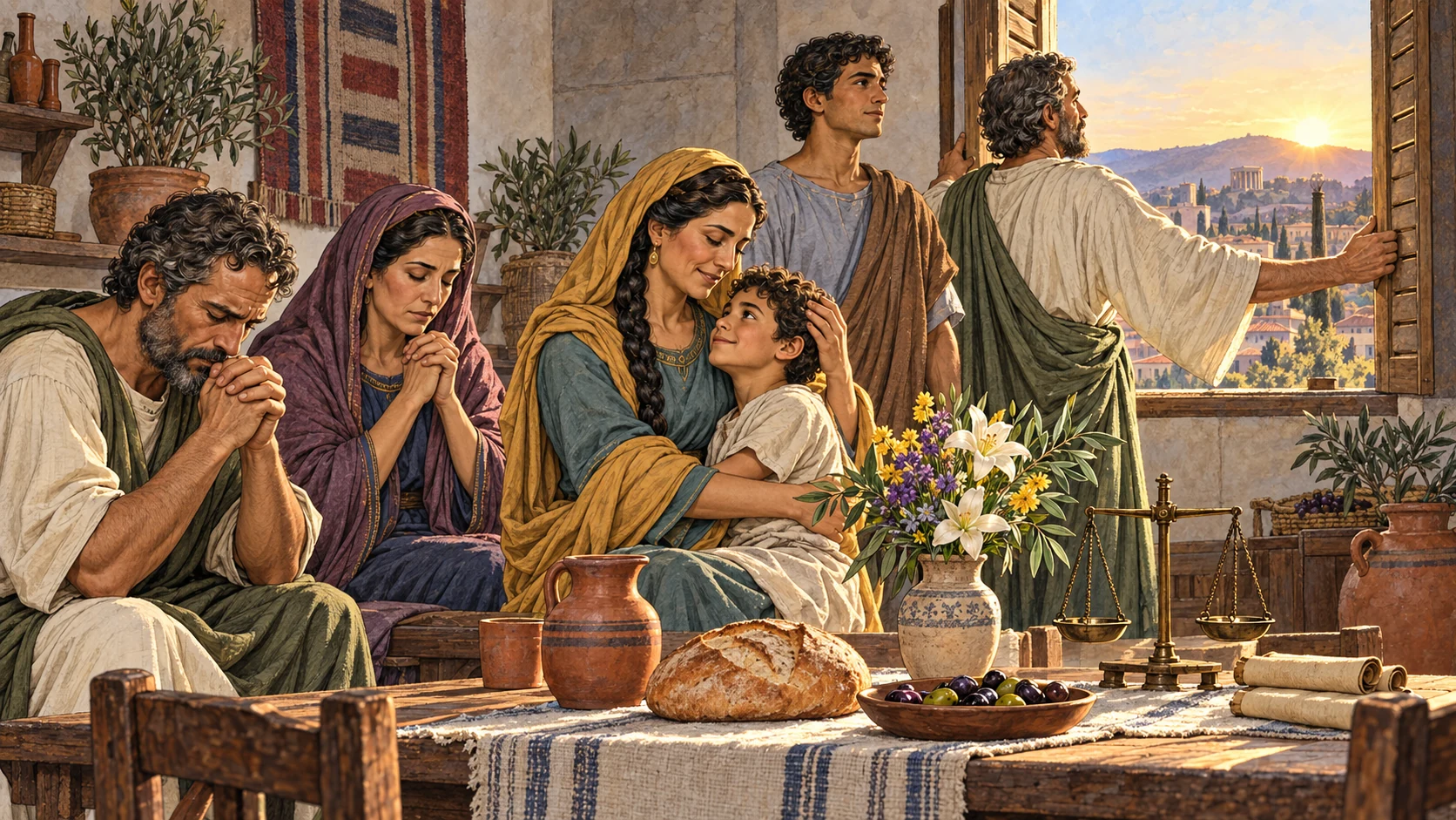A praying household comforts a child as sunrise fills an orderly room.