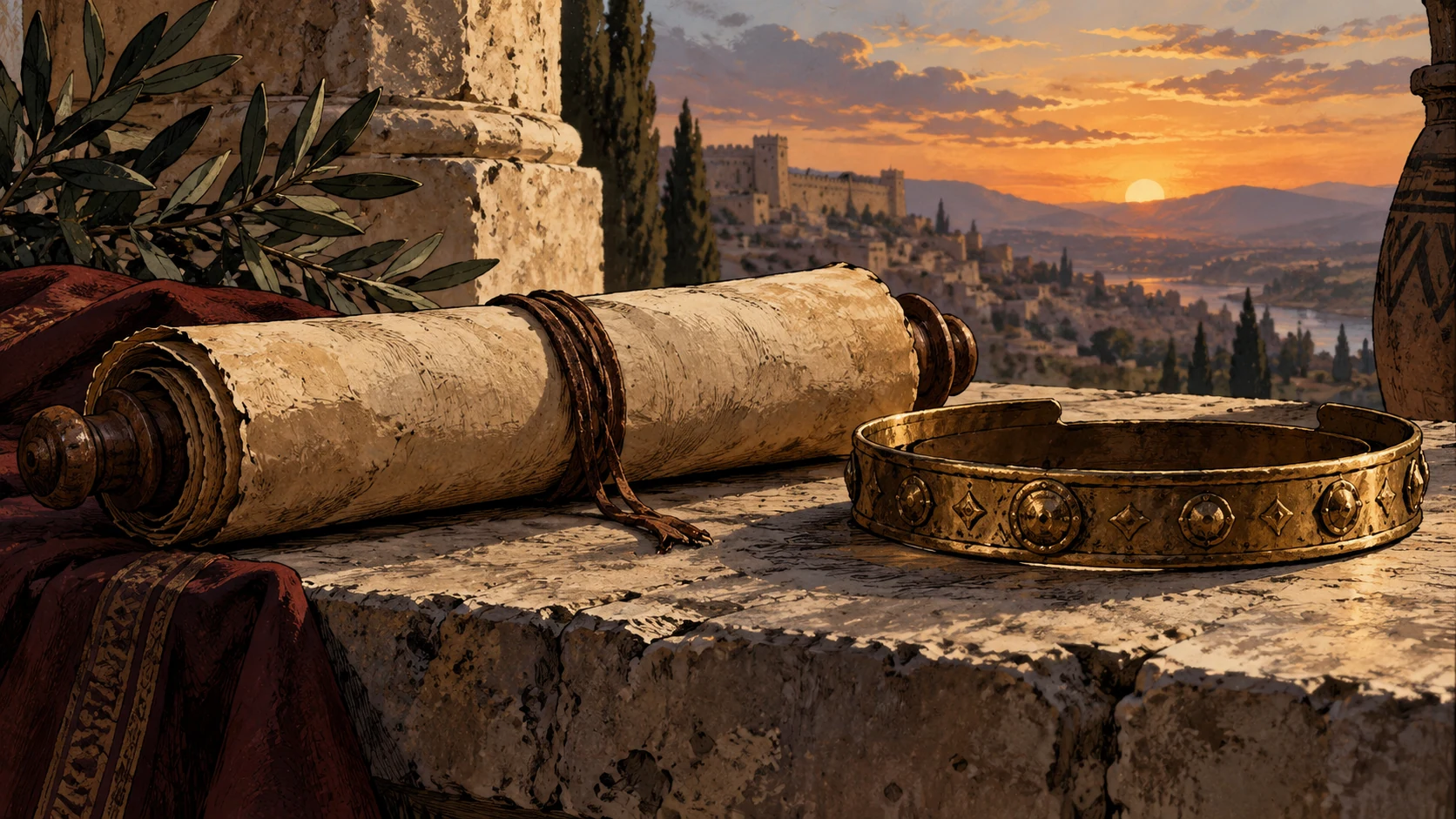 A closed scroll and simple circlet rest on limestone above an ancient landscape.