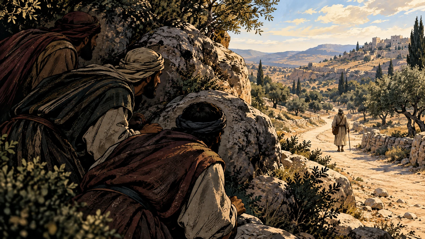 Concealed anonymous adults watch a distant unarmed traveler.