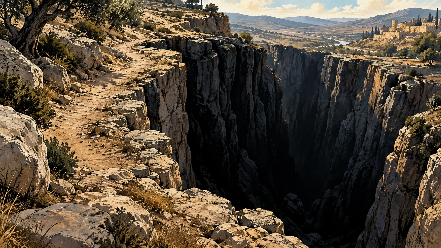 A deep empty fissure opens beside a rocky path.
