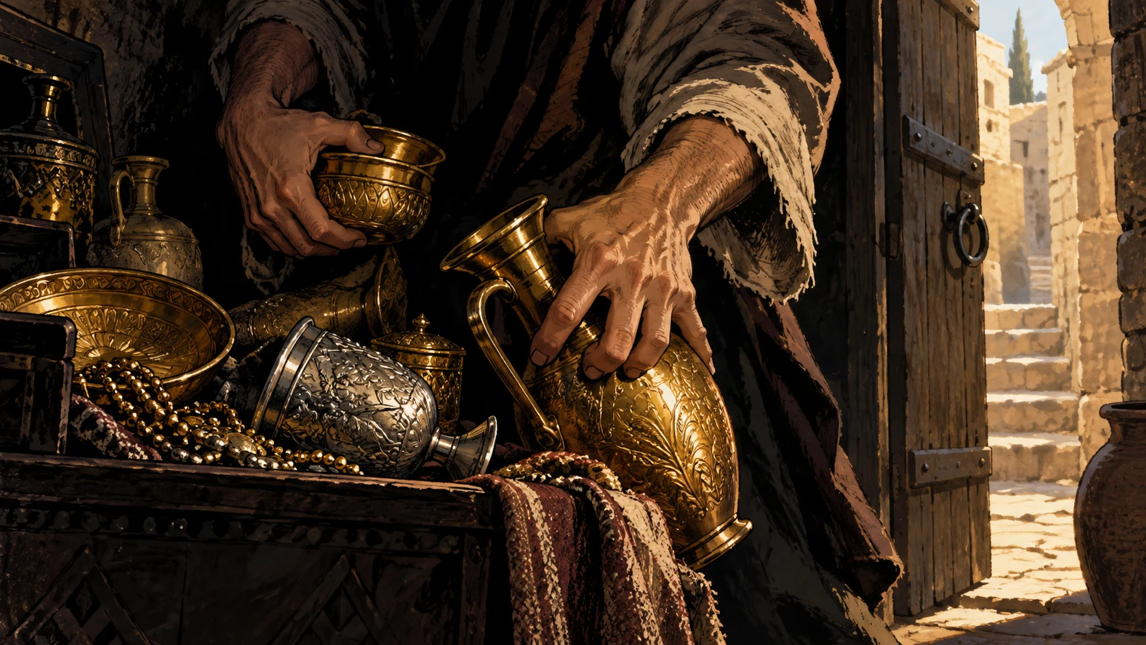 Anonymous adult hands gather precious metal vessels in a dark room.