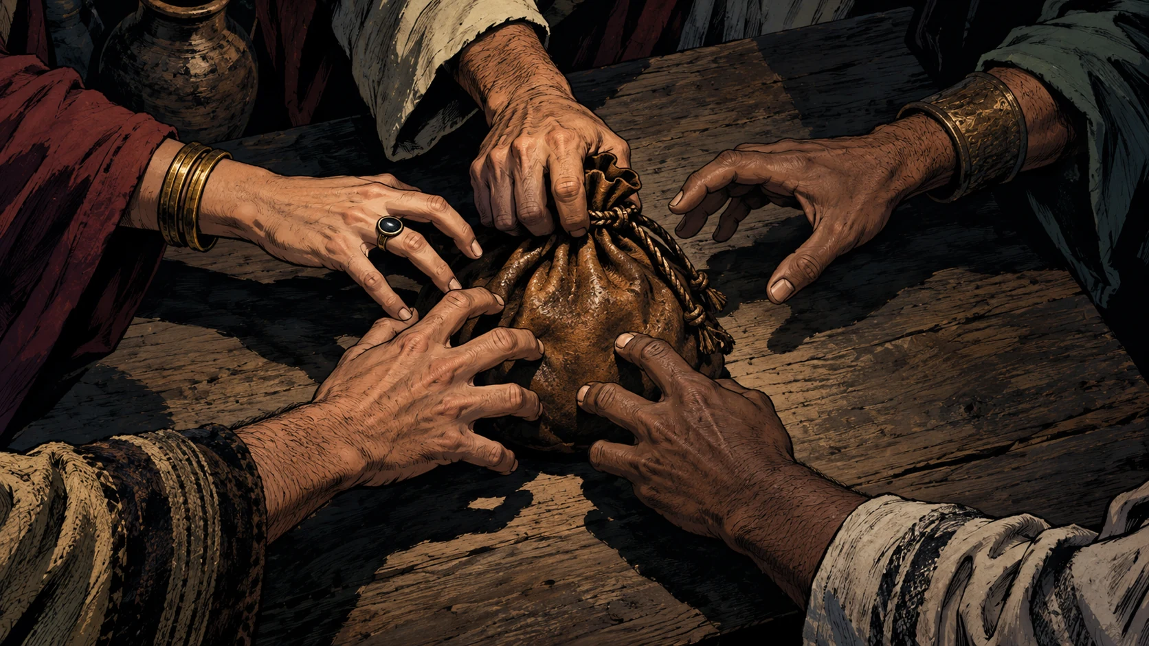 Several adult hands converge around one drawstring purse.