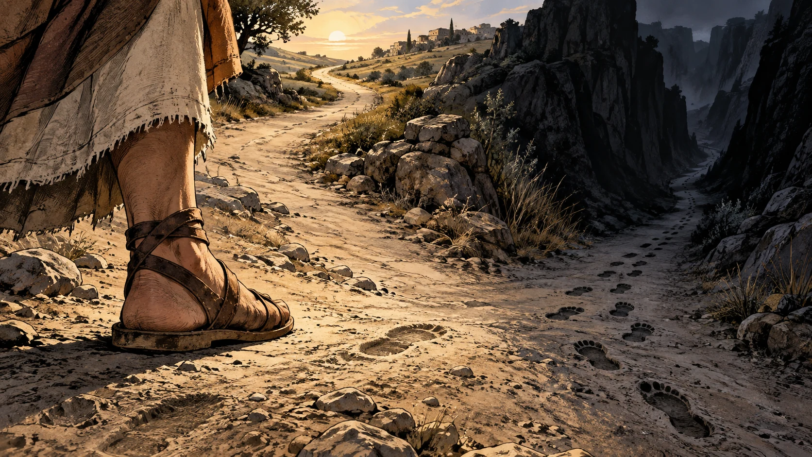 A stationary sandaled foot stays back from a dark branching path.