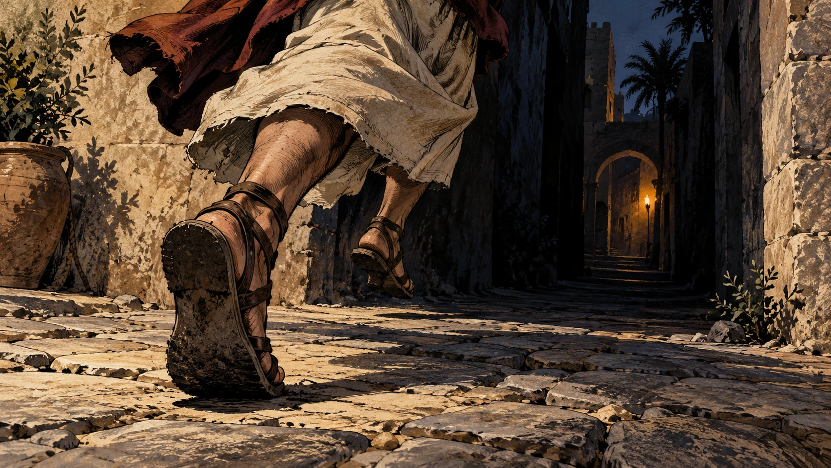 Hurried sandaled feet run along stone toward a shadowed alley.