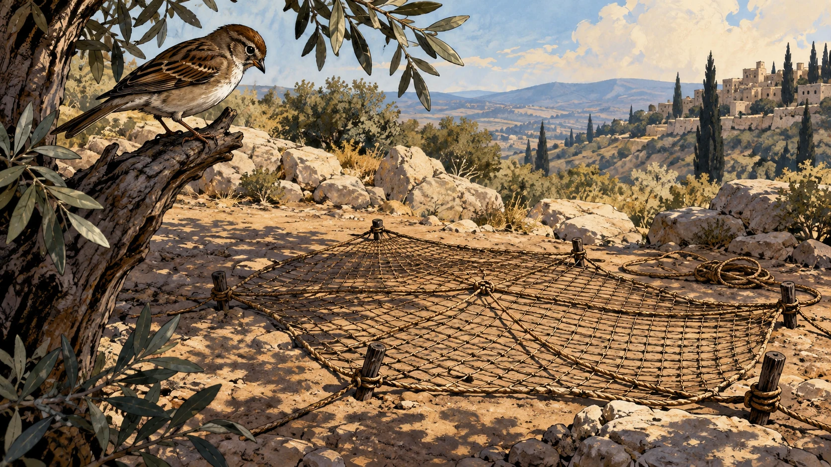 A perched bird watches a rope net spread on the ground.