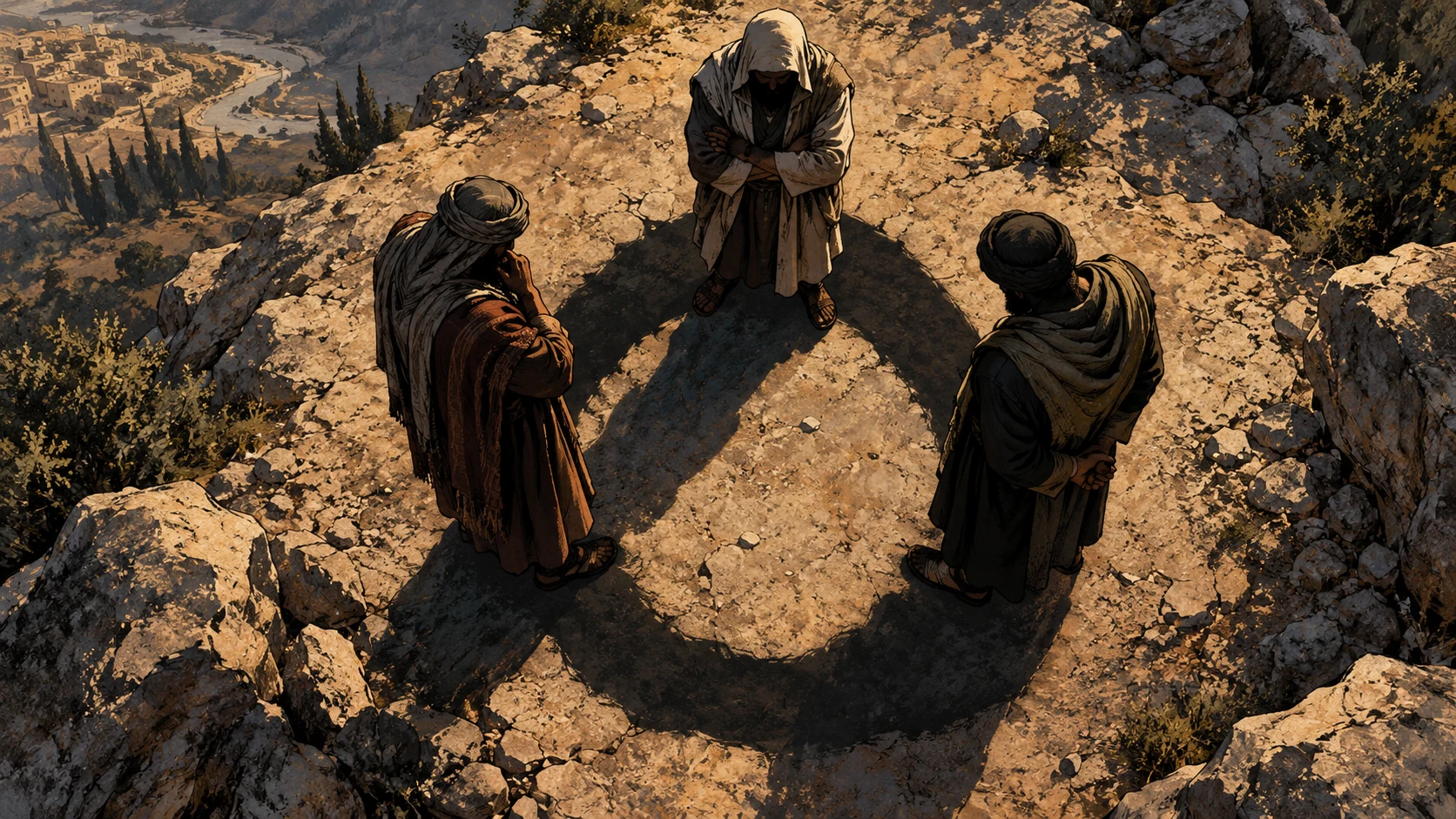 Three anonymous adults stand within a symbolic loop formed by their own shadows.